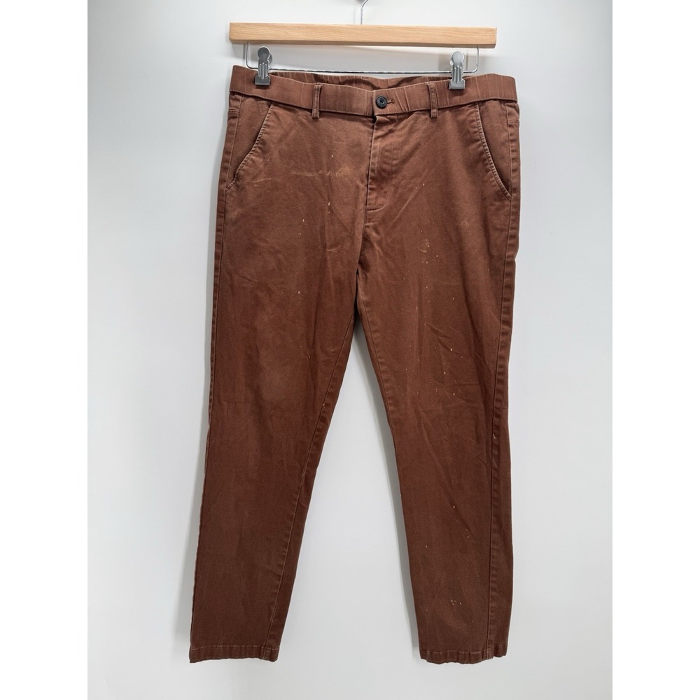 Plaid & Plain Brown Chino Pants MenCasual Cotton Flat Front Straight Leg 34x26